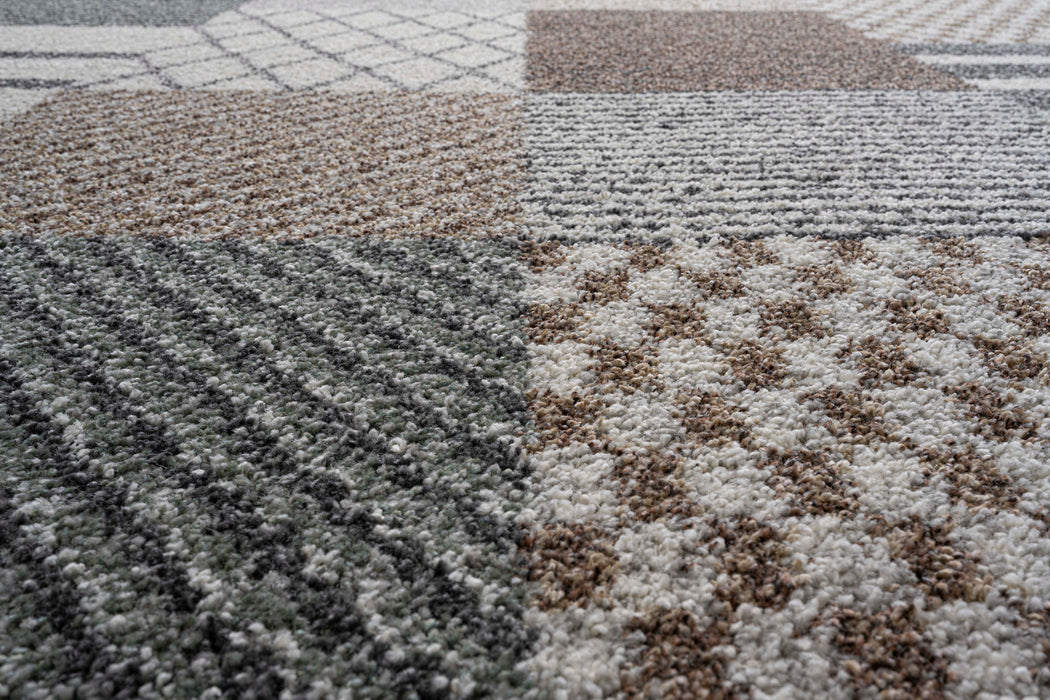 Multi-Pattern Block Design Mehari Square Shaggy Rug (23362-6747) Size: 200 x 200cm - Rugs Direct