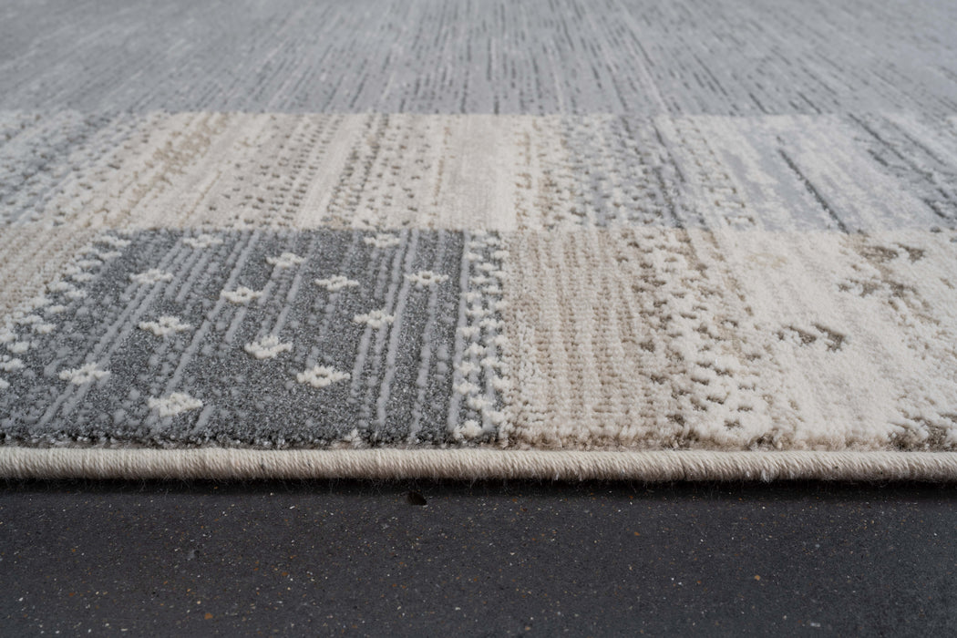 Boho Neutral Grey Striped Border Design Harmony Rug (59006-5575) - Rugs Direct