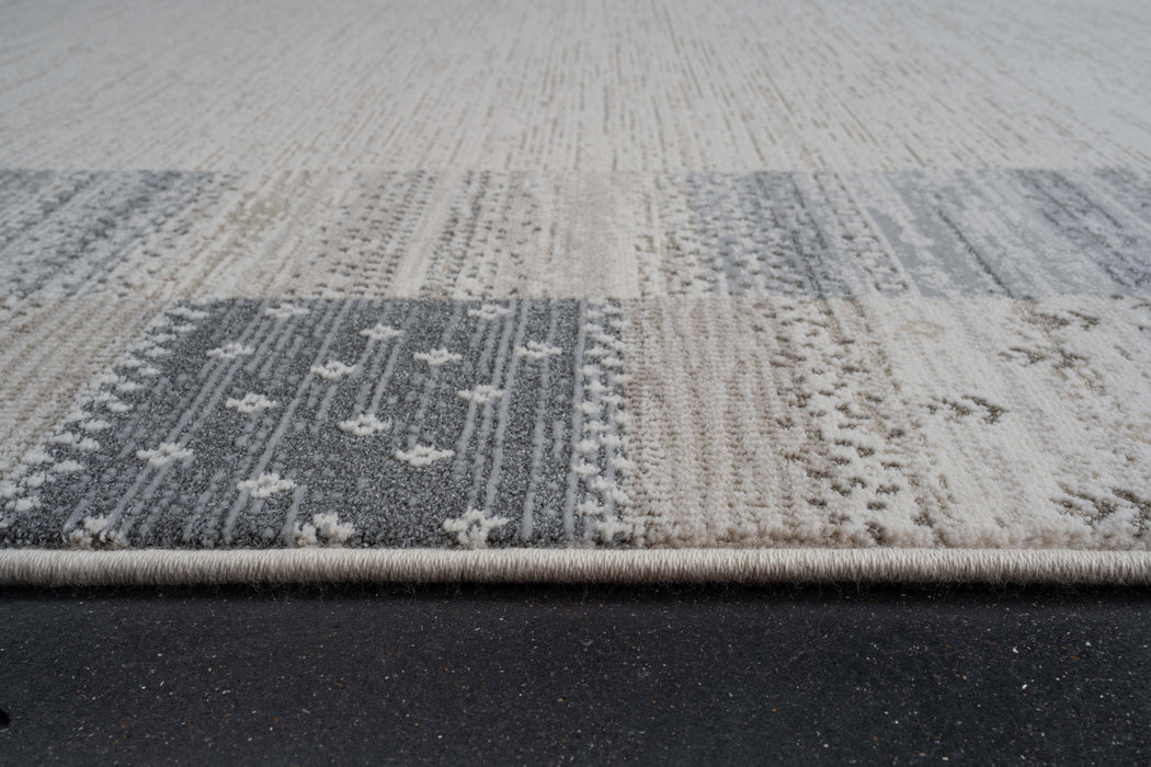 Boho Neutral Cream & Grey Striped Border Design Harmony Rug (59006-6575) - Rugs Direct