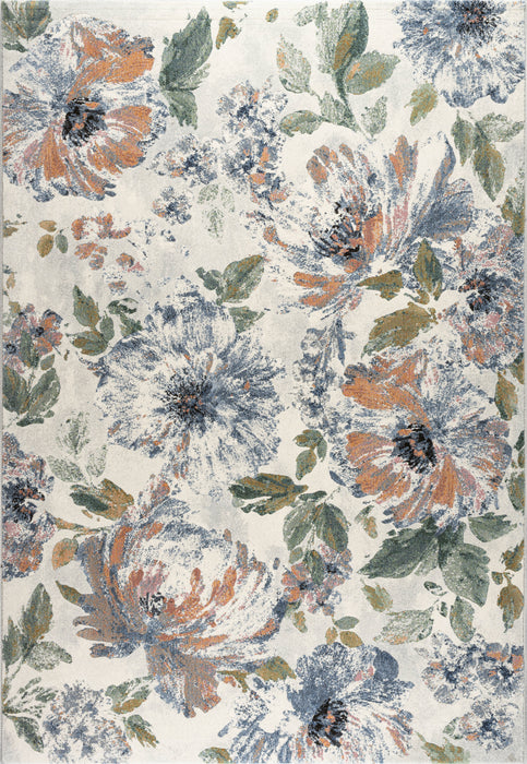Transitional Denim & Peach Floral Print Argentum Rug (63989-6656) - Rugs Direct