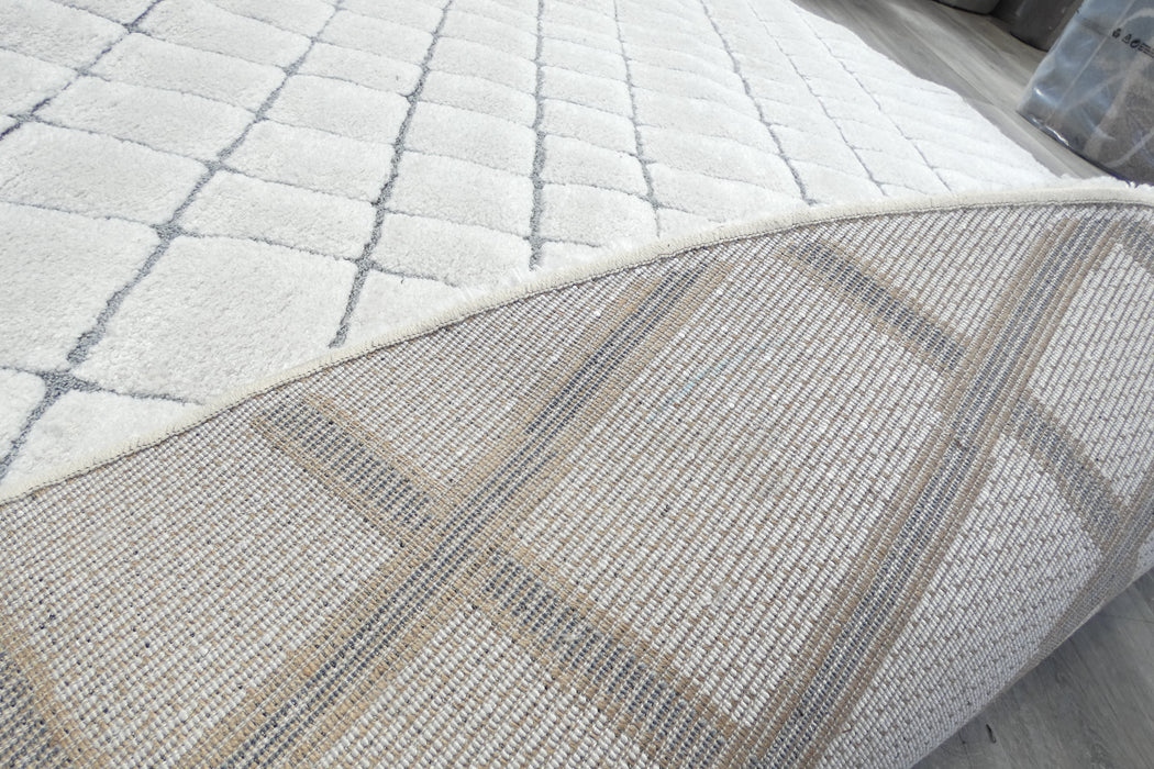 Minimalist Cream & Grey Geometric Grid Lux Textured Masai Round Rug Size: 300 x 300cm (14055-6171)- Rugs direct NZ
