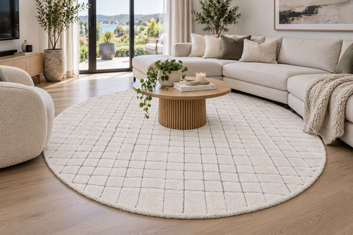 Minimalist Cream & Grey Geometric Grid Lux Textured Masai Round Rug Size: 300 x 300cm (14055-6171)- Rugs direct NZ