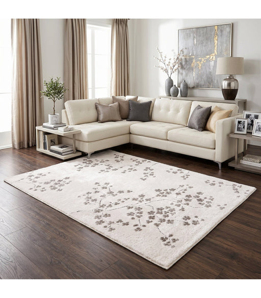 Ivory & Grey Cherry Blossom Plush Masai Rug Size: 200 x 290cm (14121-6181) - Rugs Direct