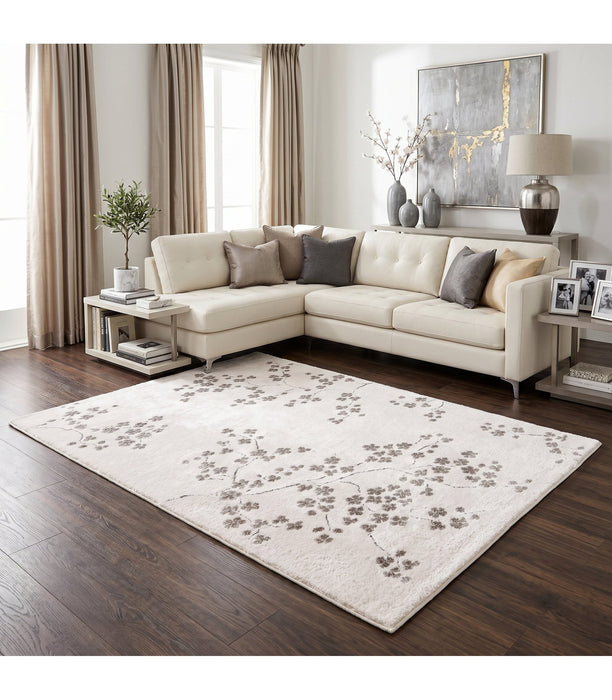 Ivory & Grey Cherry Blossom Plush Masai Rug Size: 200 x 290cm (14121-6181) - Rugs Direct