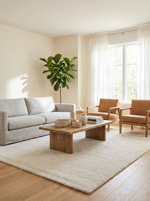 Minimalist Plain Textured Off-White Mehari Shaggy Rug (23001-6268) - Rugs Direct