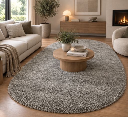 Twilight Shaggy Silver Ivory Mix Pebble Shape Rug Size: 240 x 340cm (39001-6699)- Rugs Direct- NZ