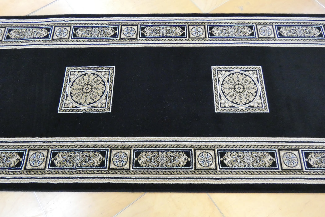 Da Vinci Traditional Black and Gold Medallion Hallway Runner 80cm Wide x Cut to Order (57801-3233)- Rugs Direct 