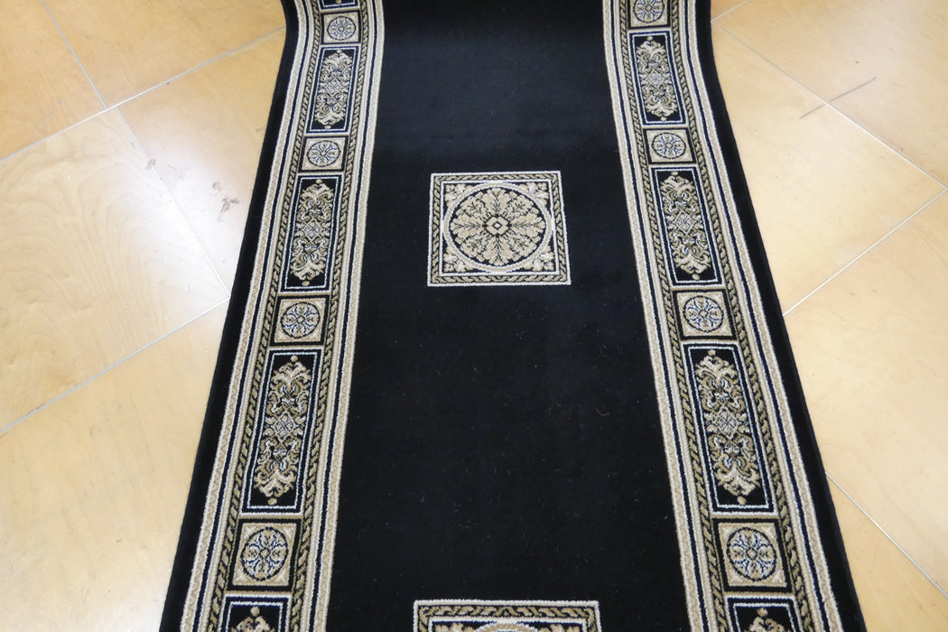 Da Vinci Traditional Black and Gold Medallion Hallway Runner 80cm Wide x Cut to Order (57801-3233)- Rugs Direct 