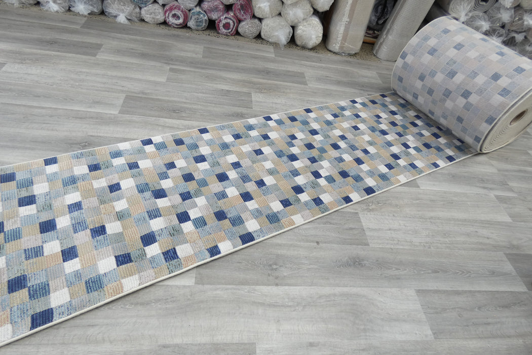 Modern Blue & Taupe Mosaic Tile Runner Argentum Hallway Runner Size: 80cm Wide x Cut to Order (63339-6121)- Rugs Direct 