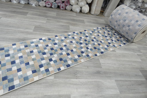 Modern Blue & Taupe Mosaic Tile Runner Argentum Hallway Runner Size: 80cm Wide x Cut to Order (63339-6121)- Rugs Direct 