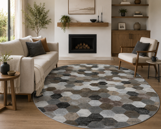 Hive Geometric Design Oval Argentum Rug (63456-6282) Size: 160 x230cm - Rugs Direct