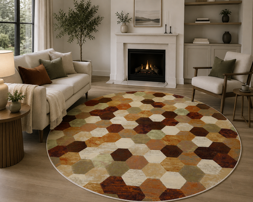 Geometric Hive Design Argentum Round Rug- Rugs Direct 