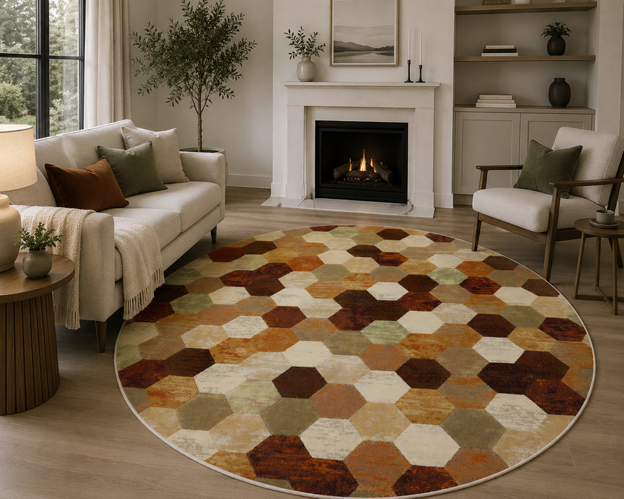 Geometric Hive Design Argentum Round Rug- Rugs Direct 