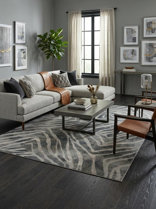 Contemporary Dark Grey Geometric Wave Abstract Argentum Rug (63990-4299) - Rugs Direct