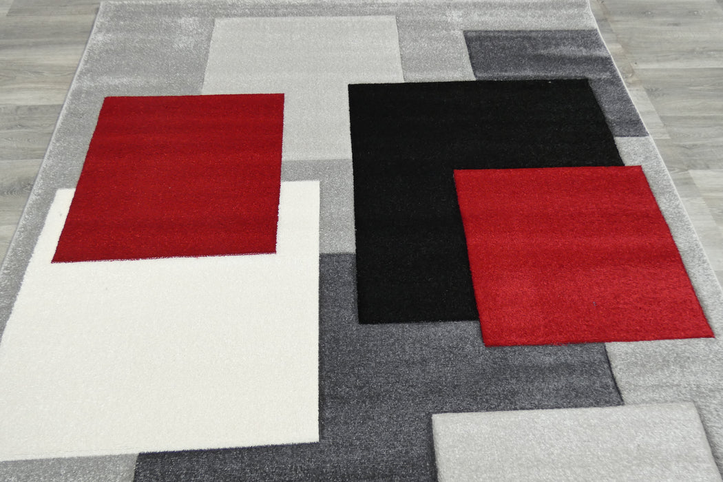 Contemporary Abstract Geometric Squares Red & Grey Aroha Rug- Rugs Direct 