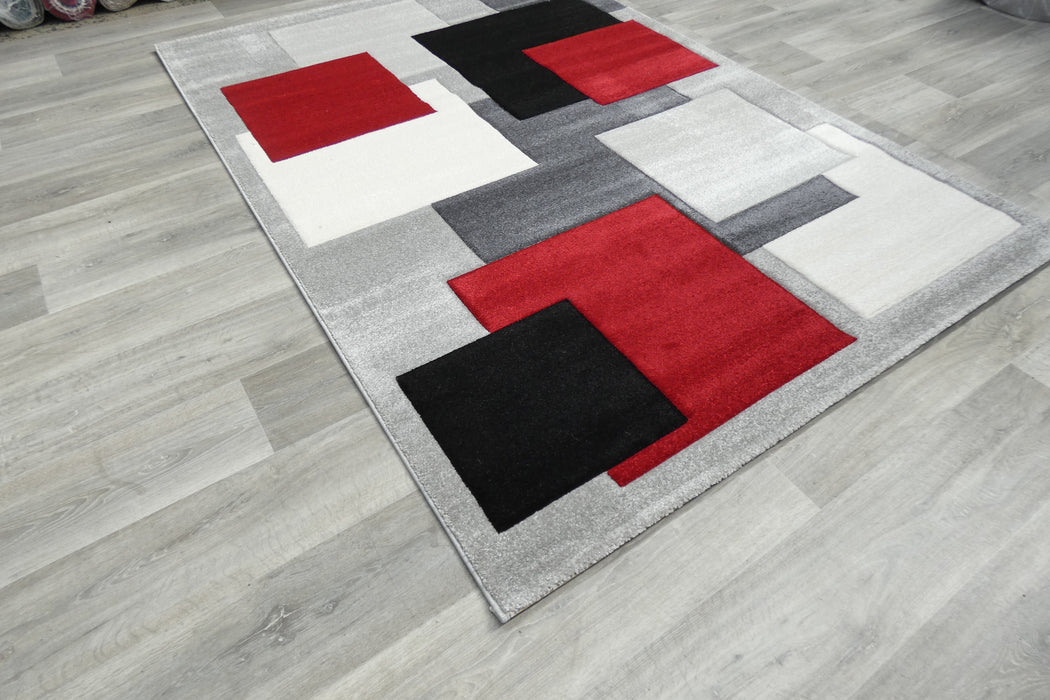 Contemporary Abstract Geometric Squares Red & Grey Aroha Rug- Rugs Direct 