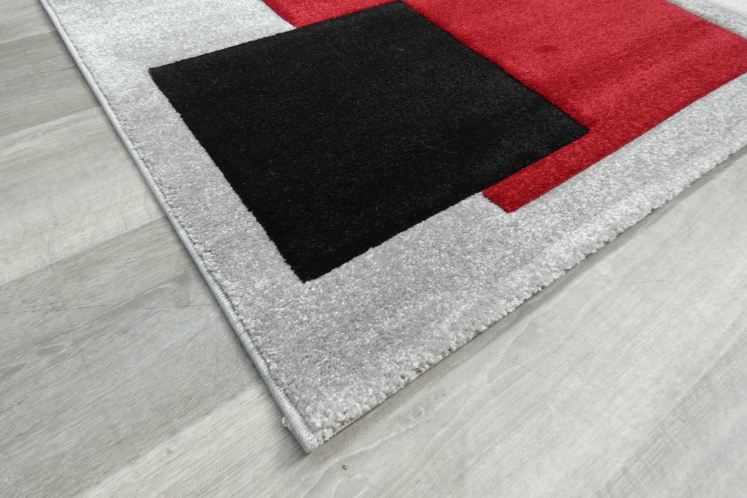 Contemporary Abstract Geometric Squares Red & Grey Aroha Rug- Rugs Direct 