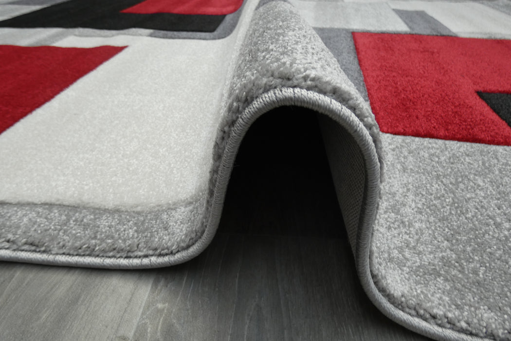 Contemporary Abstract Geometric Squares Red & Grey Aroha Rug- Rugs Direct 