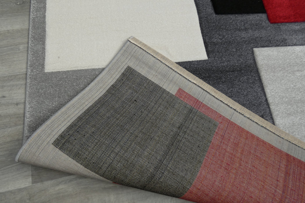 Contemporary Abstract Geometric Squares Red & Grey Aroha Rug- Rugs Direct 