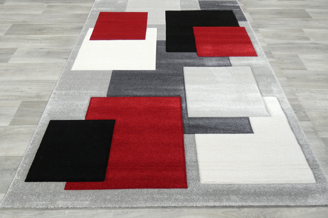 Contemporary Abstract Geometric Squares Red & Grey Aroha Rug- Rugs Direct 