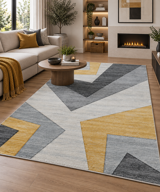 Abstract Modern Design Turkish Aroha Rug in Yellow/ Grey/ Cream- Rugs Direct NZ