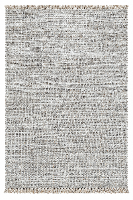 A rectangular woven area rug with fringed edges, featuring a textured horizontal striped pattern in light gray and beige tones.