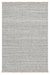 A rectangular woven area rug with fringed edges, featuring a textured horizontal striped pattern in light gray and beige tones.