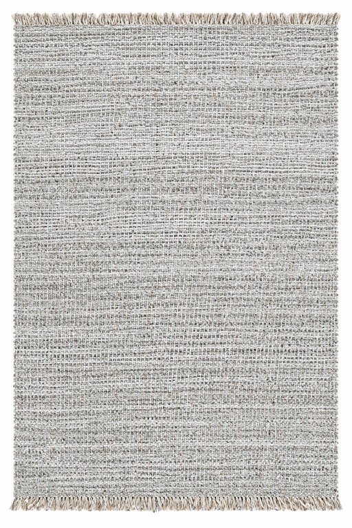 A rectangular woven area rug with fringed edges, featuring a textured horizontal striped pattern in light gray and beige tones.