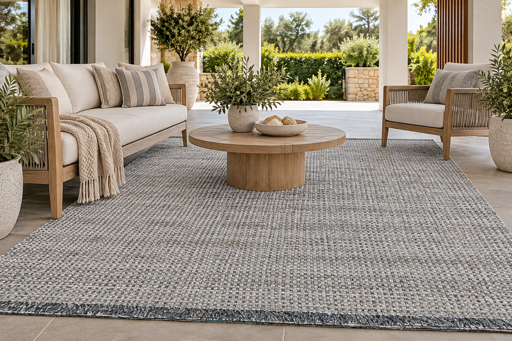 A large rectangular woven area rug in a textured gray and beige pattern, styled in a modern outdoor patio living room setting with a round wooden coffee table, a cream sofa, and a matching armchair.