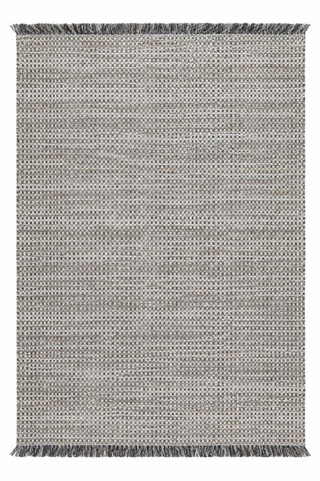 A rectangular woven area rug with a textured geometric pattern in shades of gray and beige, featuring fringed edges on the top and bottom.