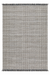 A rectangular woven area rug with a textured geometric pattern in shades of gray and beige, featuring fringed edges on the top and bottom.