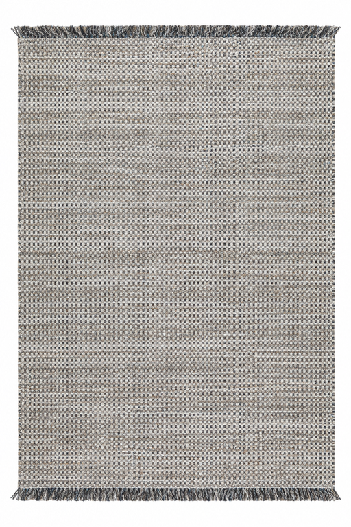 A rectangular woven area rug with a textured geometric pattern in shades of gray and beige, featuring fringed edges on the top and bottom.