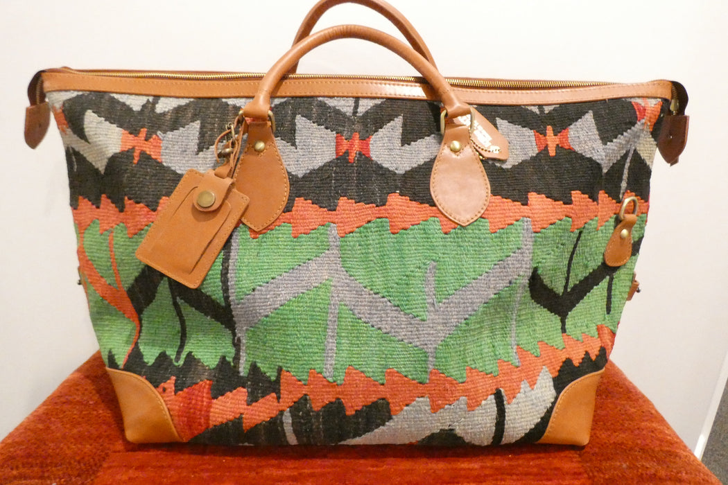 One-of-a-Kind Anatolian Kilim Expandable Leather Travel Bag "Azad"- Rugs Direct
