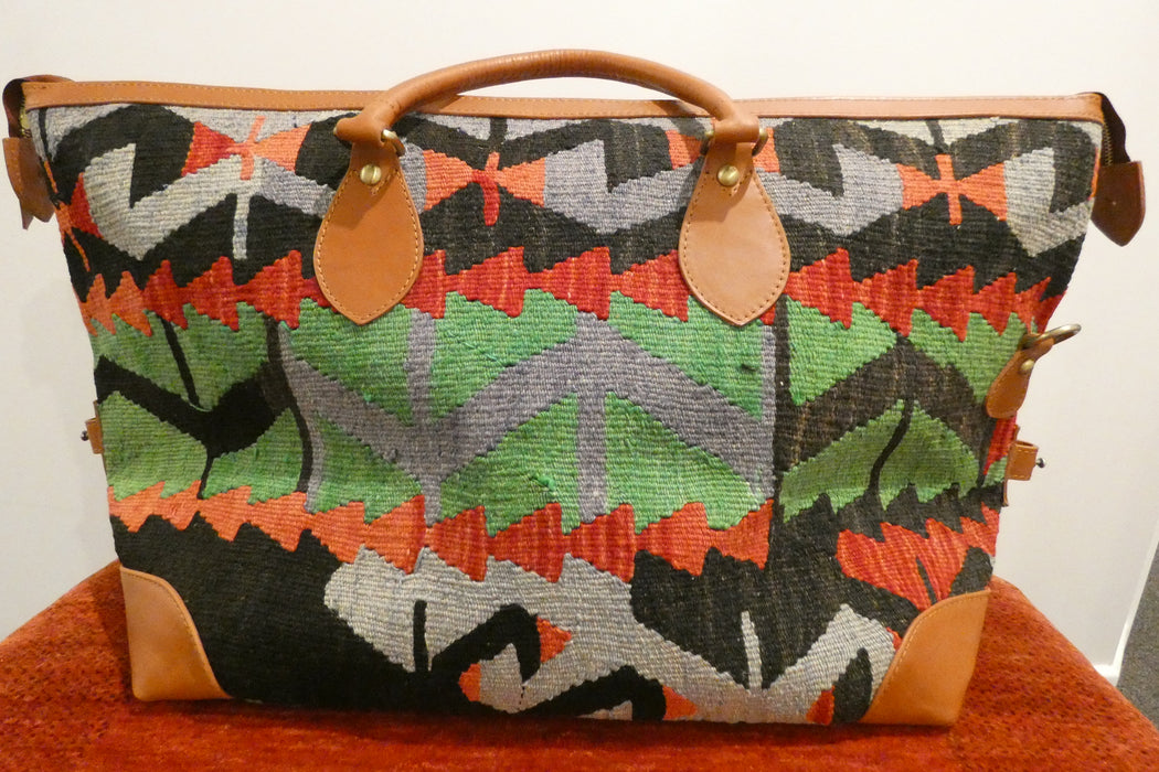 One-of-a-Kind Anatolian Kilim Expandable Leather Travel Bag "Azad"- Rugs Direct