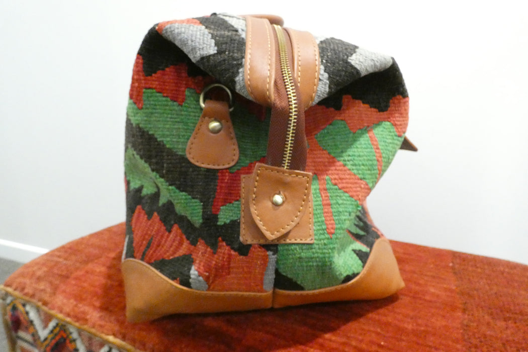 One-of-a-Kind Anatolian Kilim Expandable Leather Travel Bag "Azad"- Rugs Direct