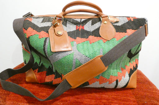 One-of-a-Kind Anatolian Kilim Expandable Leather Travel Bag "Azad"- Rugs Direct