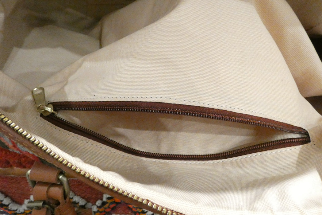 One-of-a-Kind Anatolian Kilim Expandable Leather Travel Bag "Azad"- Rugs Direct