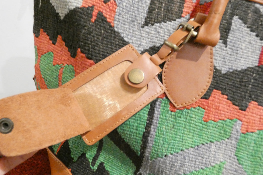 One-of-a-Kind Anatolian Kilim Expandable Leather Travel Bag "Azad"- Rugs Direct
