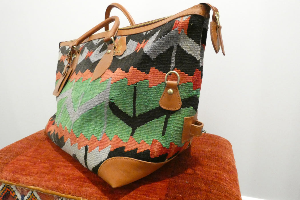 One-of-a-Kind Anatolian Kilim Expandable Leather Travel Bag "Azad"- Rugs Direct