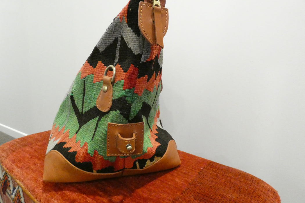 One-of-a-Kind Anatolian Kilim Expandable Leather Travel Bag "Azad"- Rugs Direct