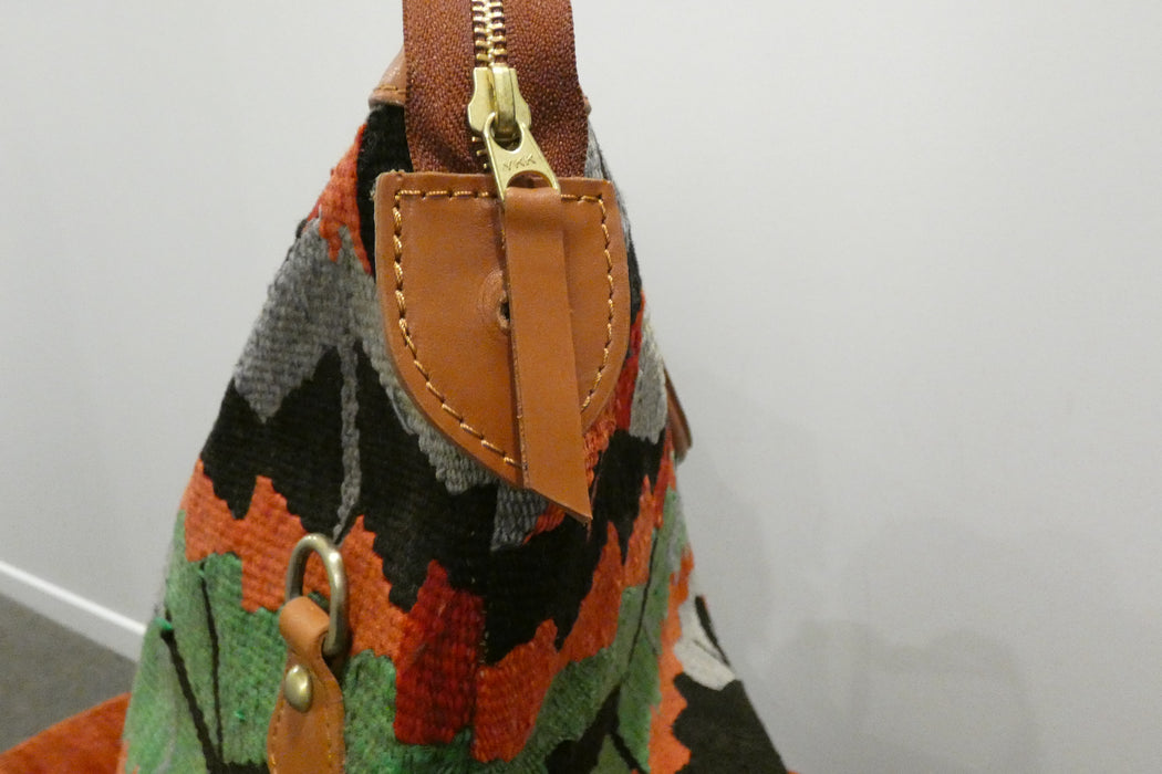 One-of-a-Kind Anatolian Kilim Expandable Leather Travel Bag "Azad"- Rugs Direct