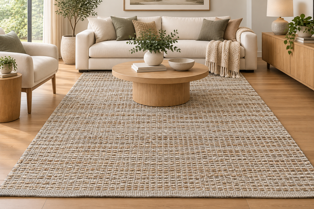 A large woven area rug in beige and cream tones, shown in a bright, modern living room with a light wood coffee table, white sofa, and wooden sideboard.