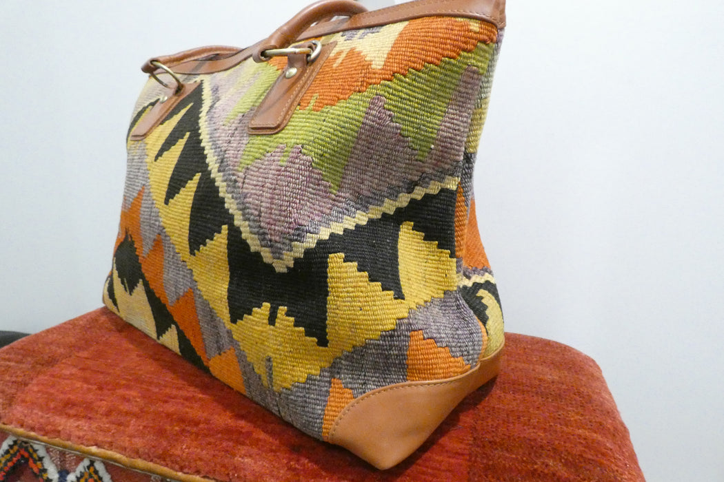 One-of-a-Kind Anatolian Kilim Leather Travel Bag "Berivan"- Rugs Direct 