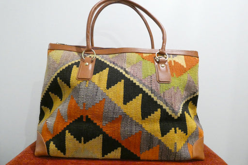 One-of-a-Kind Anatolian Kilim Leather Travel Bag "Berivan"- Rugs Direct 