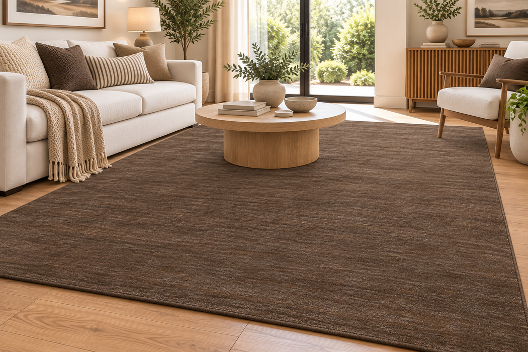 A large brown area rug with a textured, heathered finish in a warm medium brown shade, shown in a modern living room setting with a light wood coffee table, white sofa, and wooden flooring.