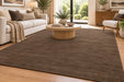 A large brown area rug with a textured, heathered finish in a warm medium brown shade, shown in a modern living room setting with a light wood coffee table, white sofa, and wooden flooring.