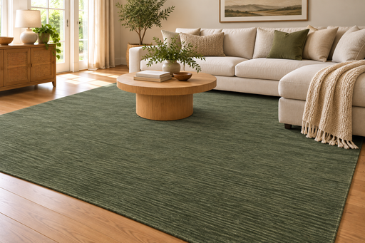 A large sage green area rug with a subtle textured pattern, styled in a bright, modern living room with a light wood coffee table, a cream sectional sofa, and hardwood floors.