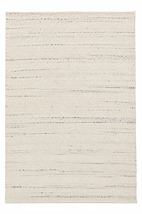 A rectangular area rug with a textured, woven jute-like surface in a warm off-white or cream tone, accented by subtle horizontal lines of dark gray and black threads.