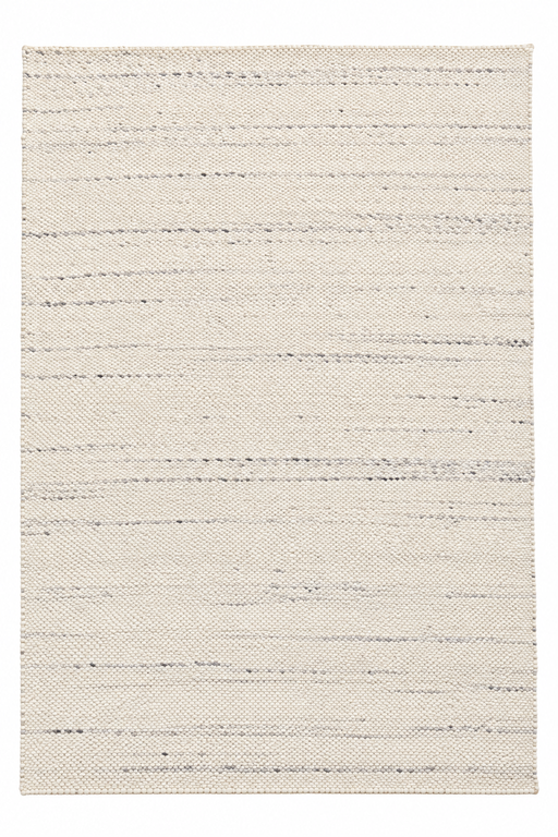 A rectangular area rug with a textured, woven jute-like surface in a warm off-white or cream tone, accented by subtle horizontal lines of dark gray and black threads.