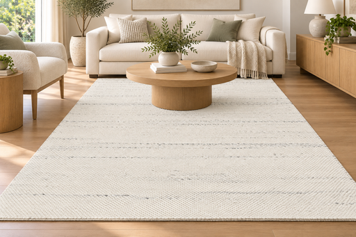 A large off-white woven area rug with subtle horizontal textured stripes, shown in a bright, modern living room with a wooden coffee table, beige sofa, and light wood flooring.
